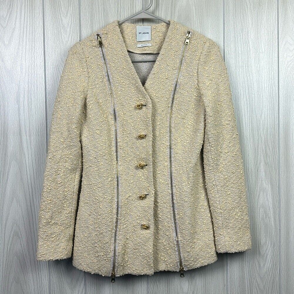 St‎ John Womens Knit Jacket 4 Tweed Cotton Zip Metallic Evening Blazer Slub Knot